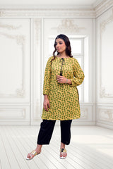 Yellow Leaf Print Tassel Neck Long Shirt