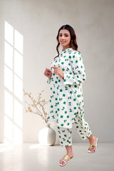 Emerald Leaf Printed Cotton Two-Piece Suit