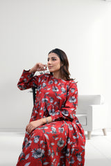 Red Floral Pleated Midi Dress with Modest Flare