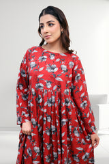 Red Floral Pleated Midi Dress with Modest Flare