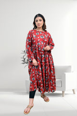 Red Floral Pleated Midi Dress with Modest Flare
