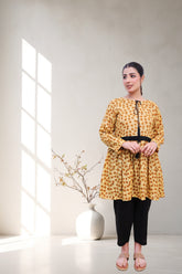 Mustard Yellow Floral Tunic with Black Lace