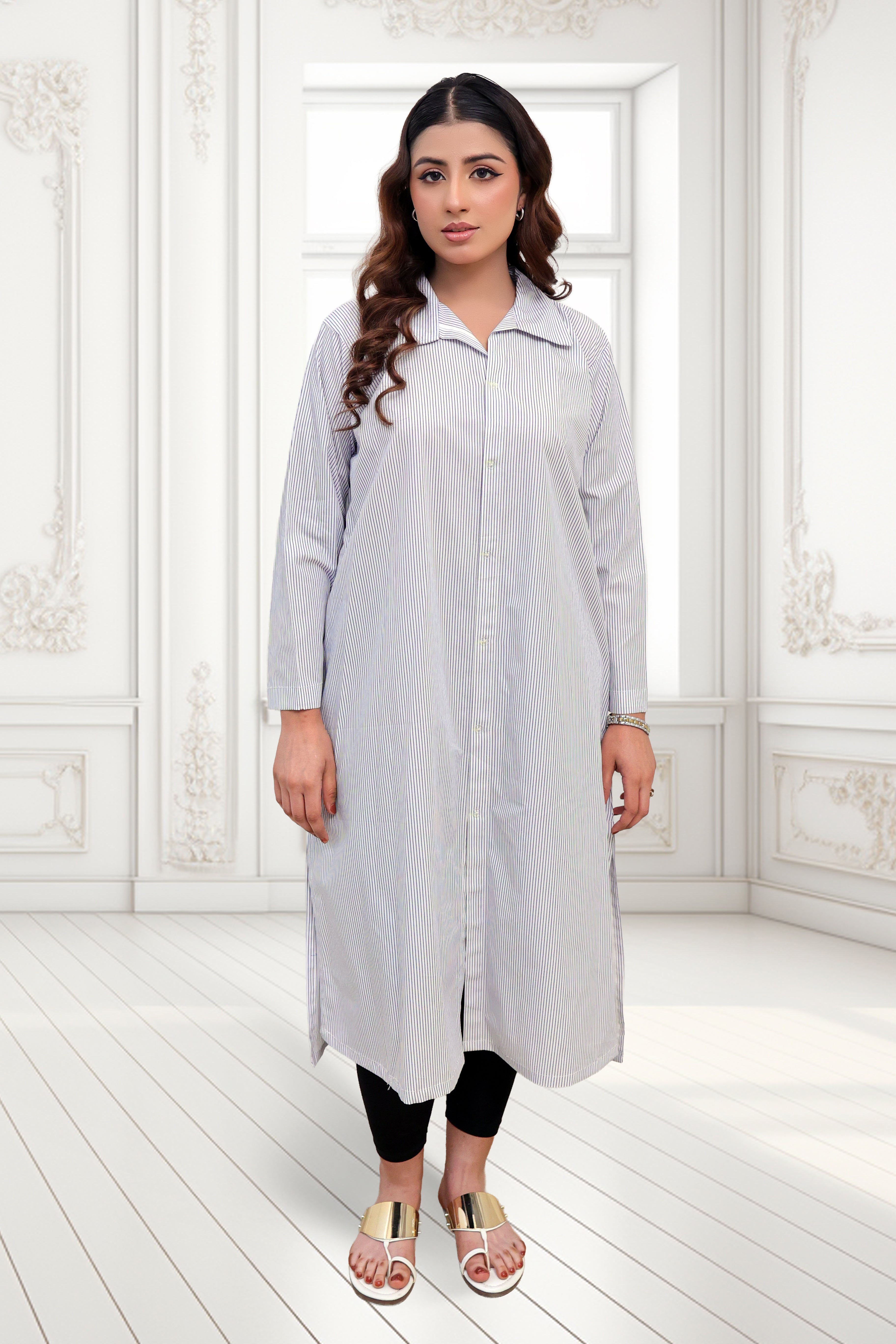 Classic Striped Button-Down Long Shirt