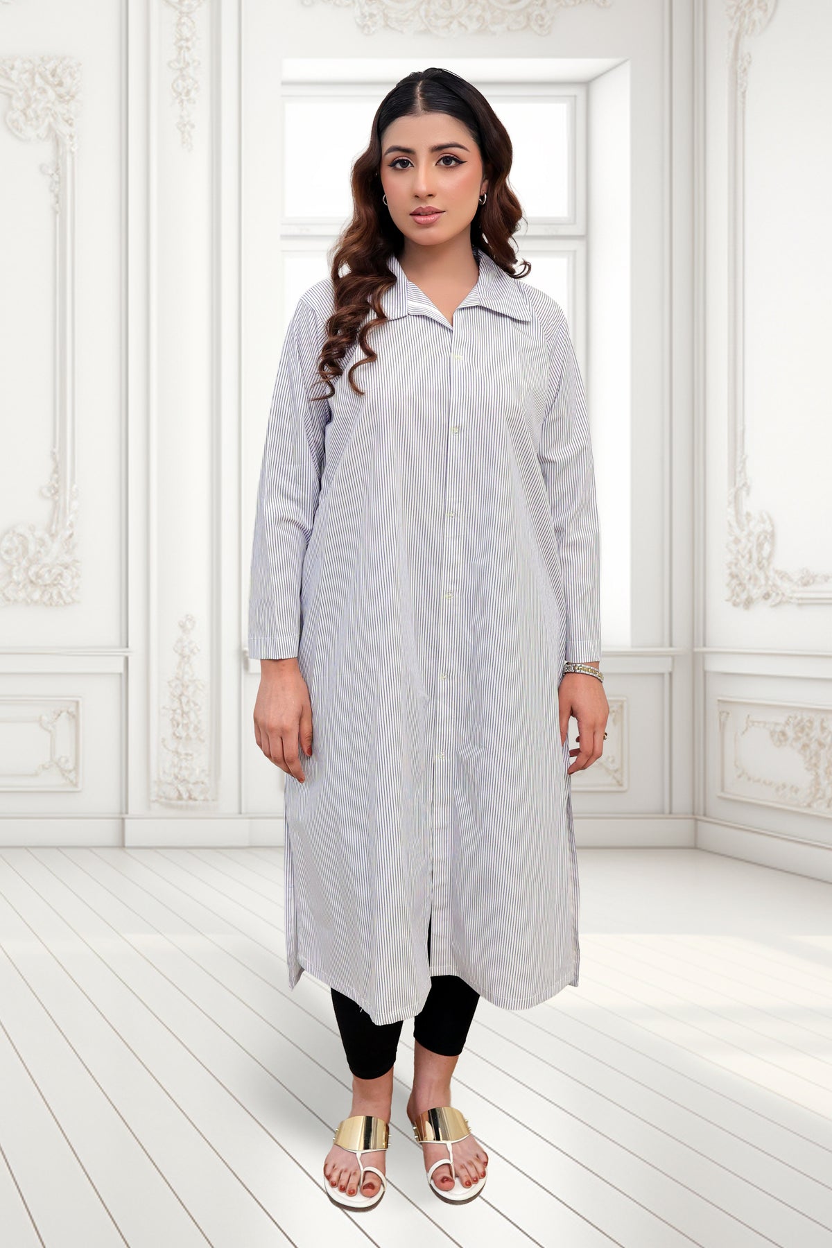 Classic Striped Button-Down Long Shirt