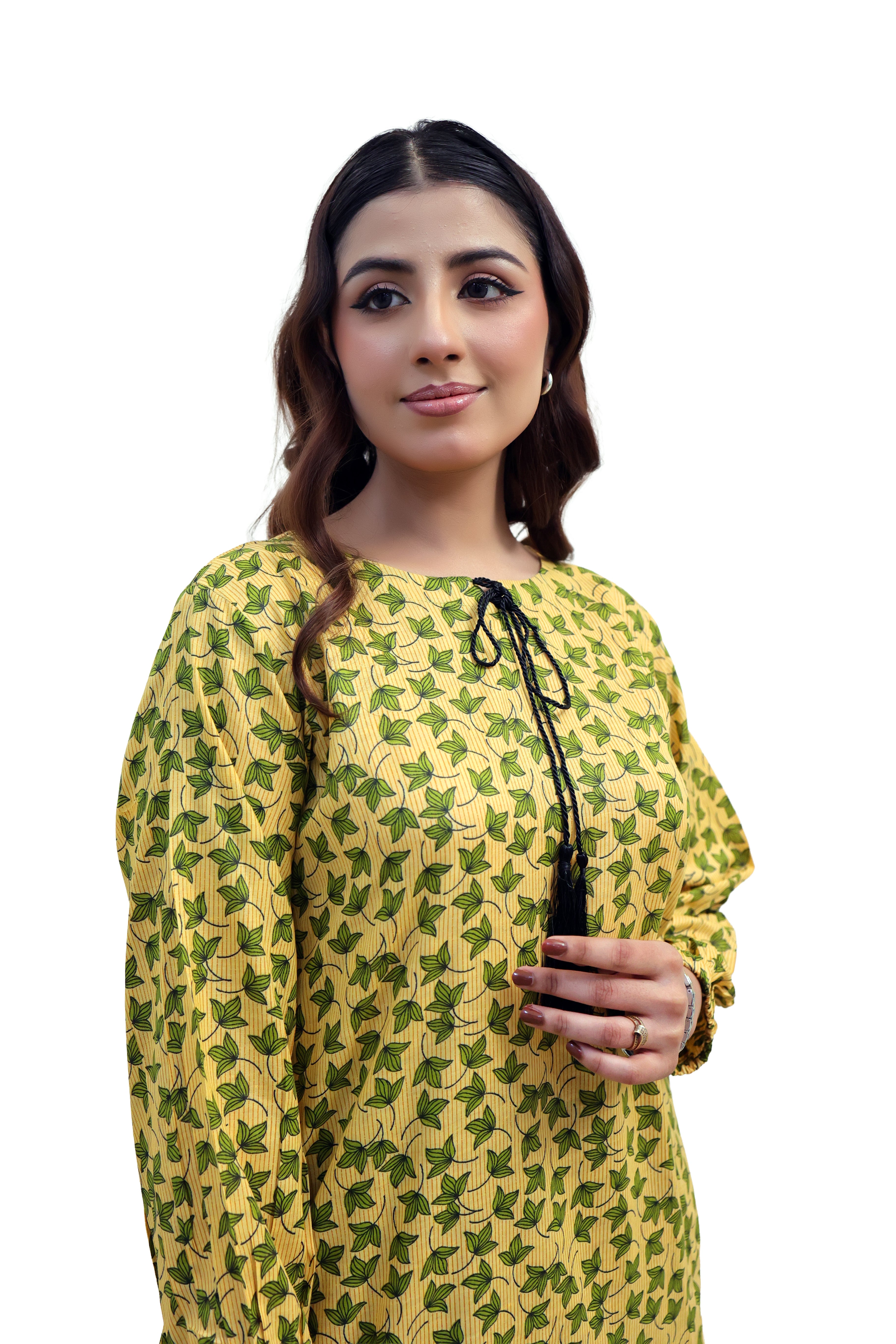 Yellow Leaf Print Tassel Neck Long Shirt