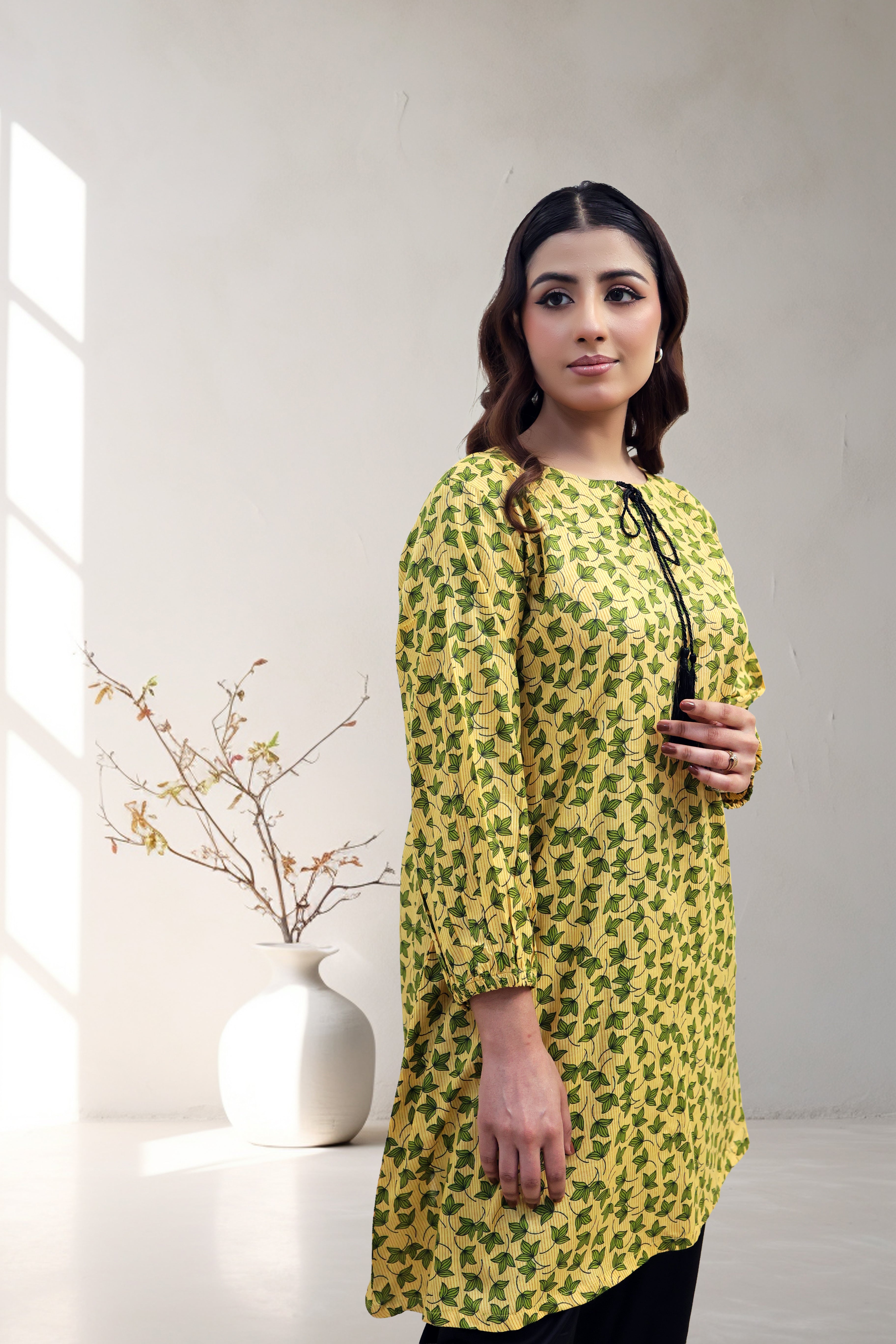 Yellow Leaf Print Tassel Neck Long Shirt