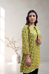 Yellow Leaf Print Tassel Neck Long Shirt