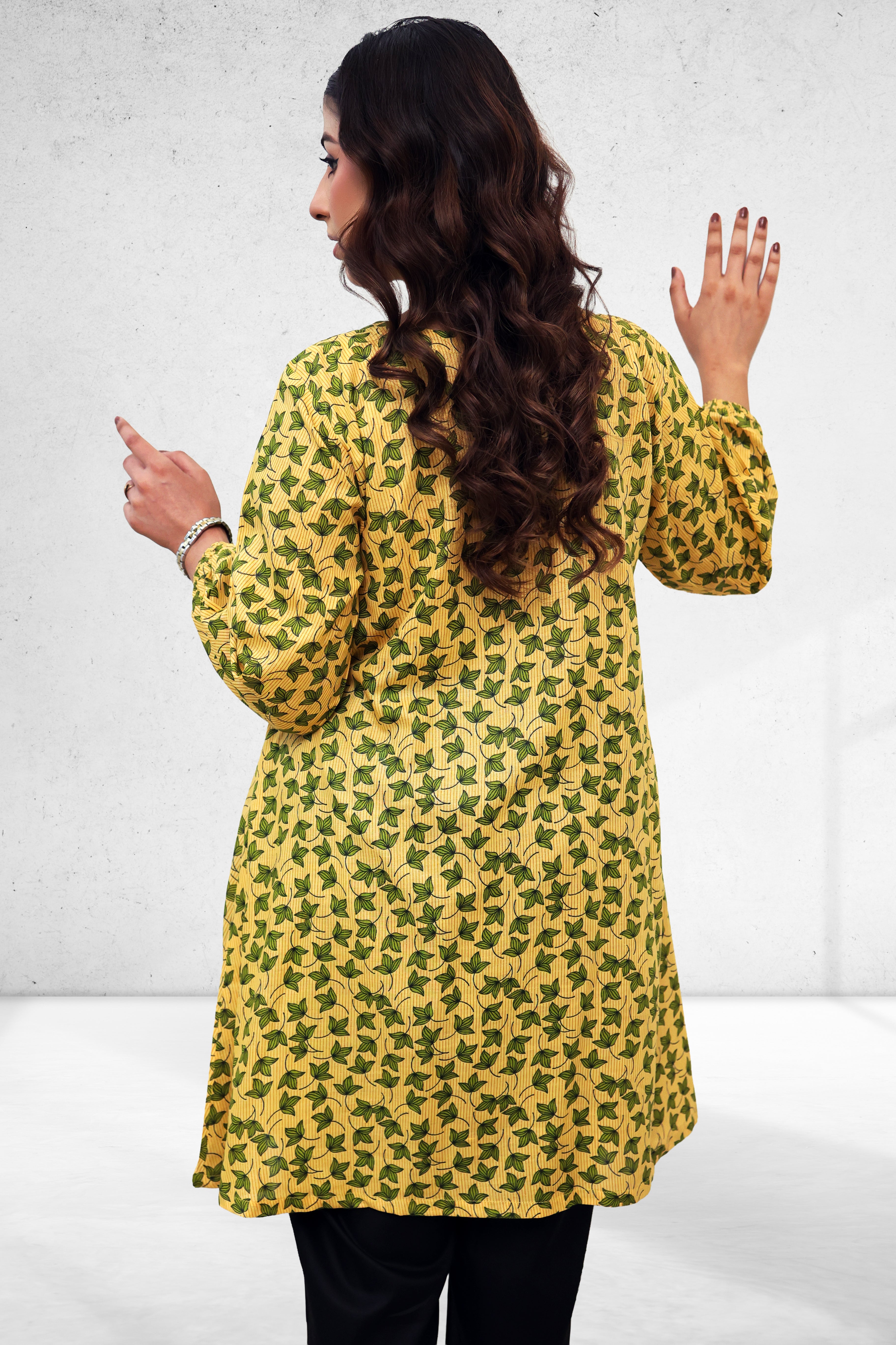 Yellow Leaf Print Tassel Neck Long Shirt