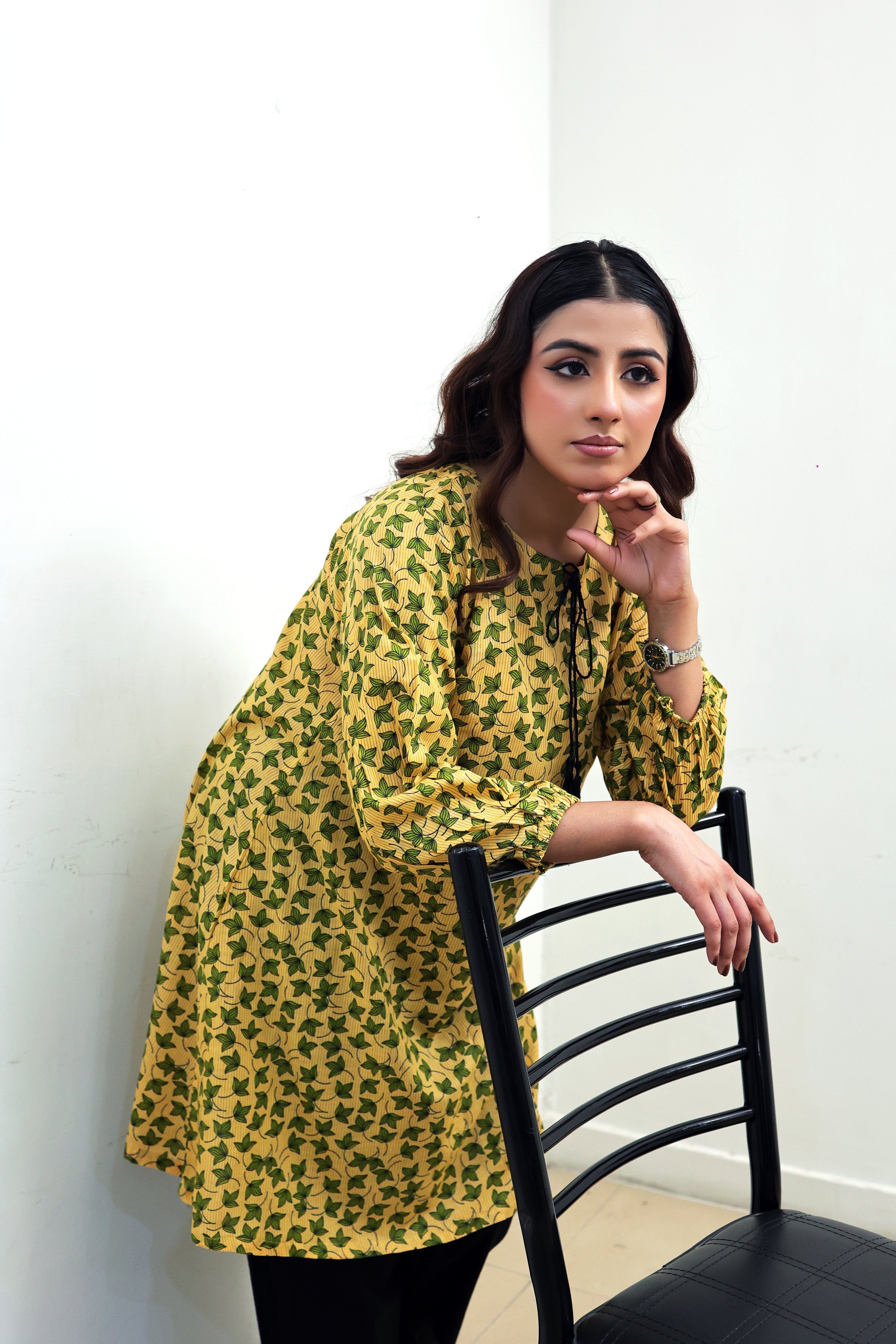 Yellow Leaf Print Tassel Neck Long Shirt