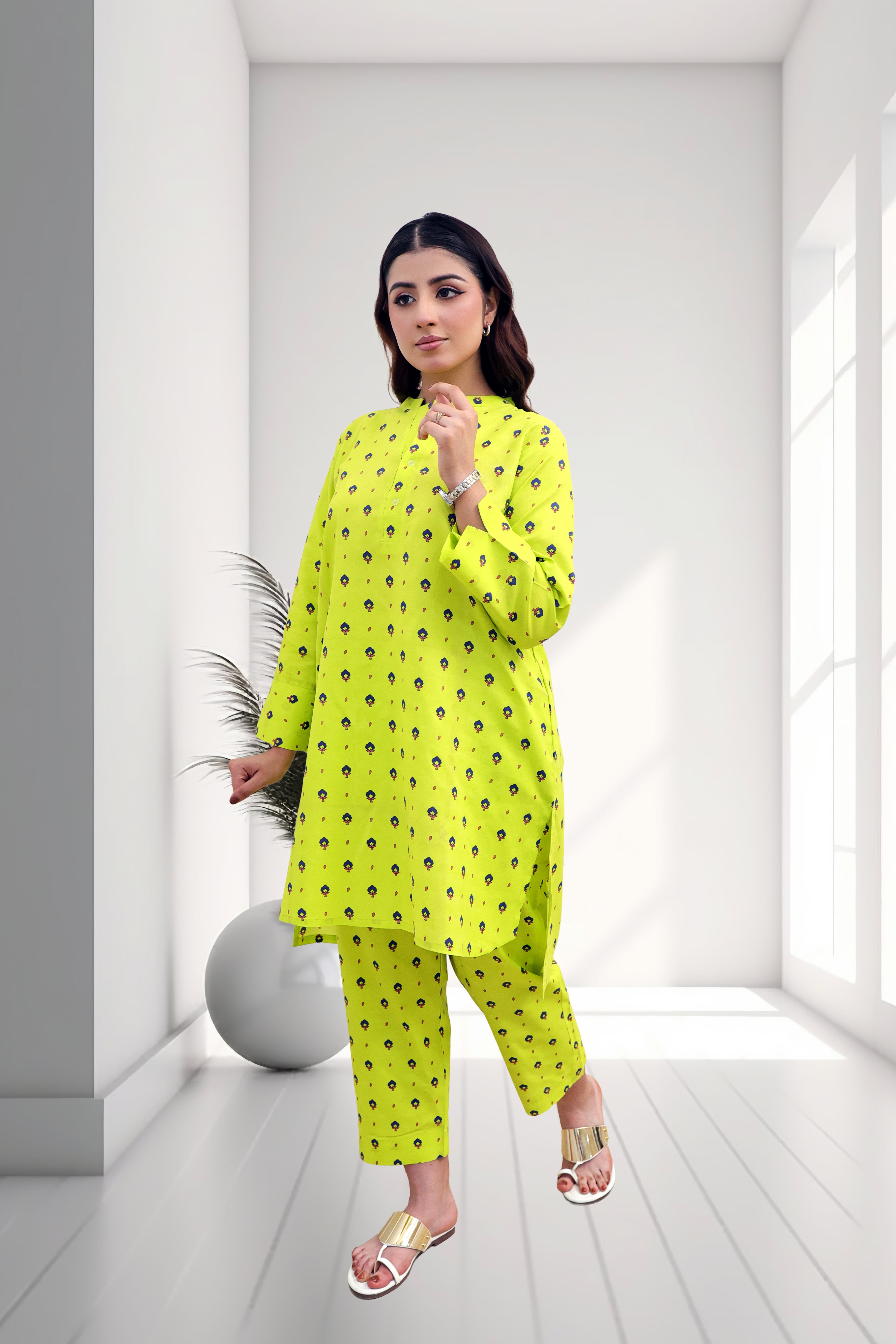 Lime Bloom Printed Two-Piece Lawn Suit