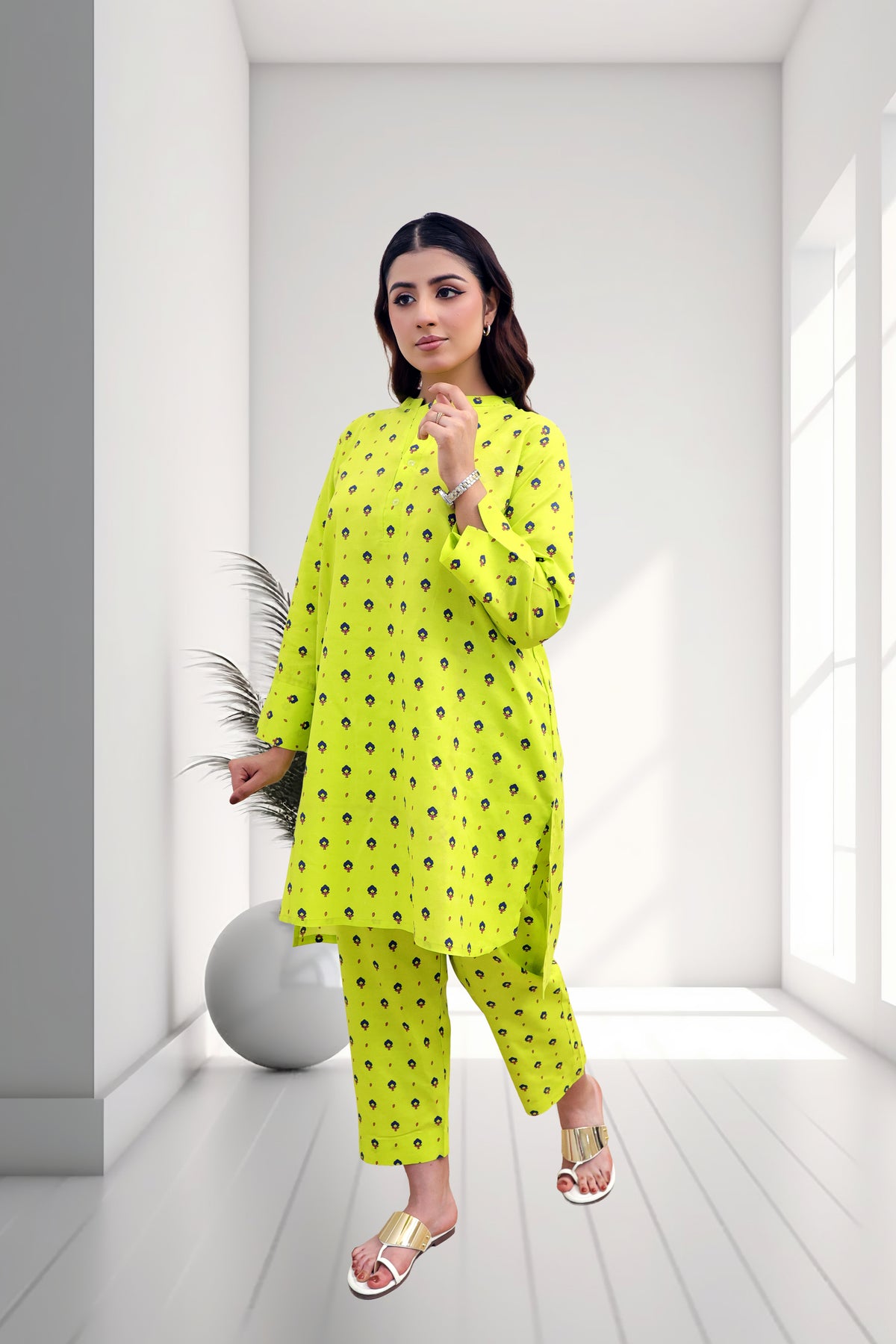 Lime Bloom Printed Two-Piece Lawn Suit
