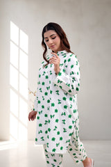 Emerald Leaf Printed Cotton Two-Piece Suit