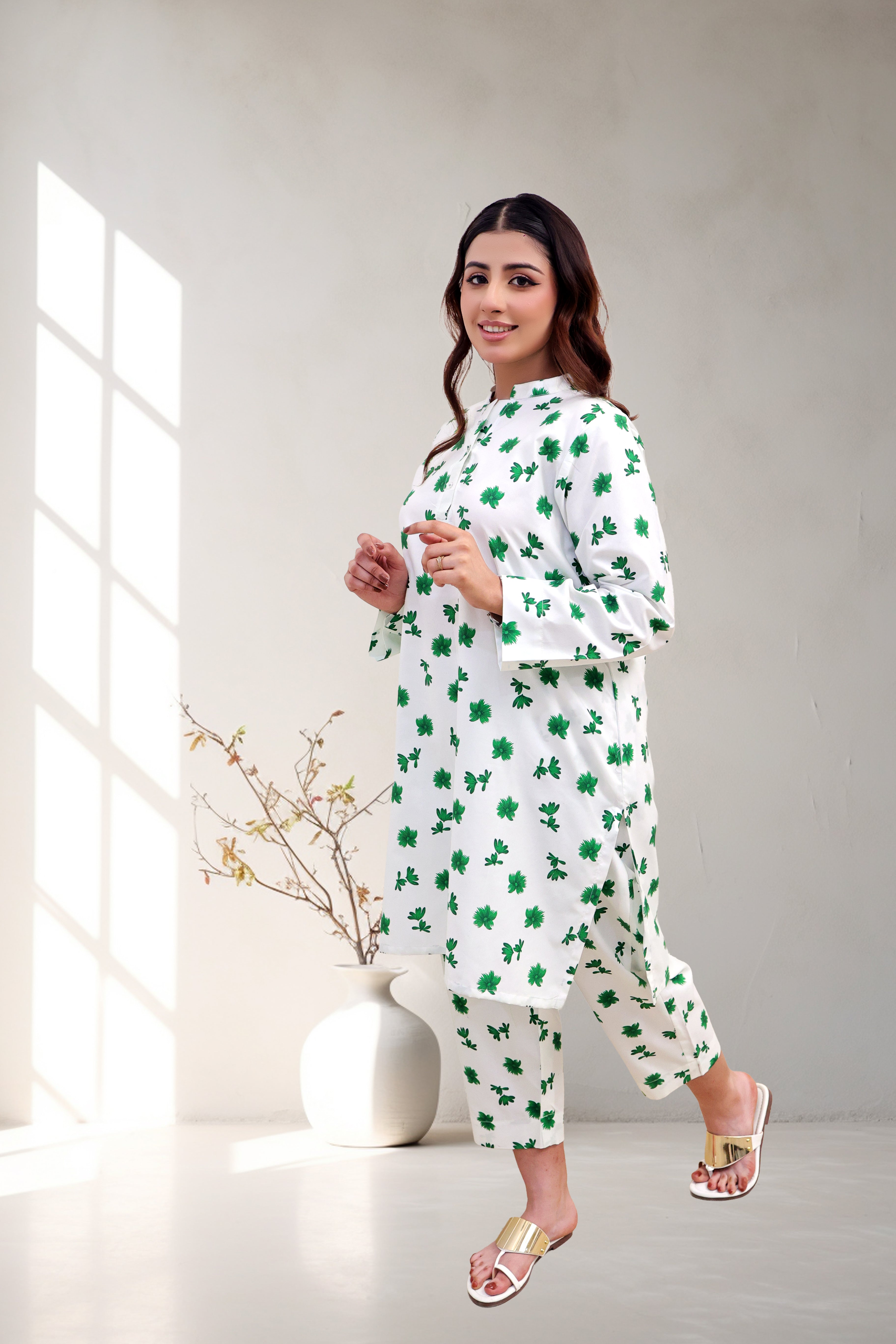 Emerald Leaf Printed Cotton Two-Piece Suit
