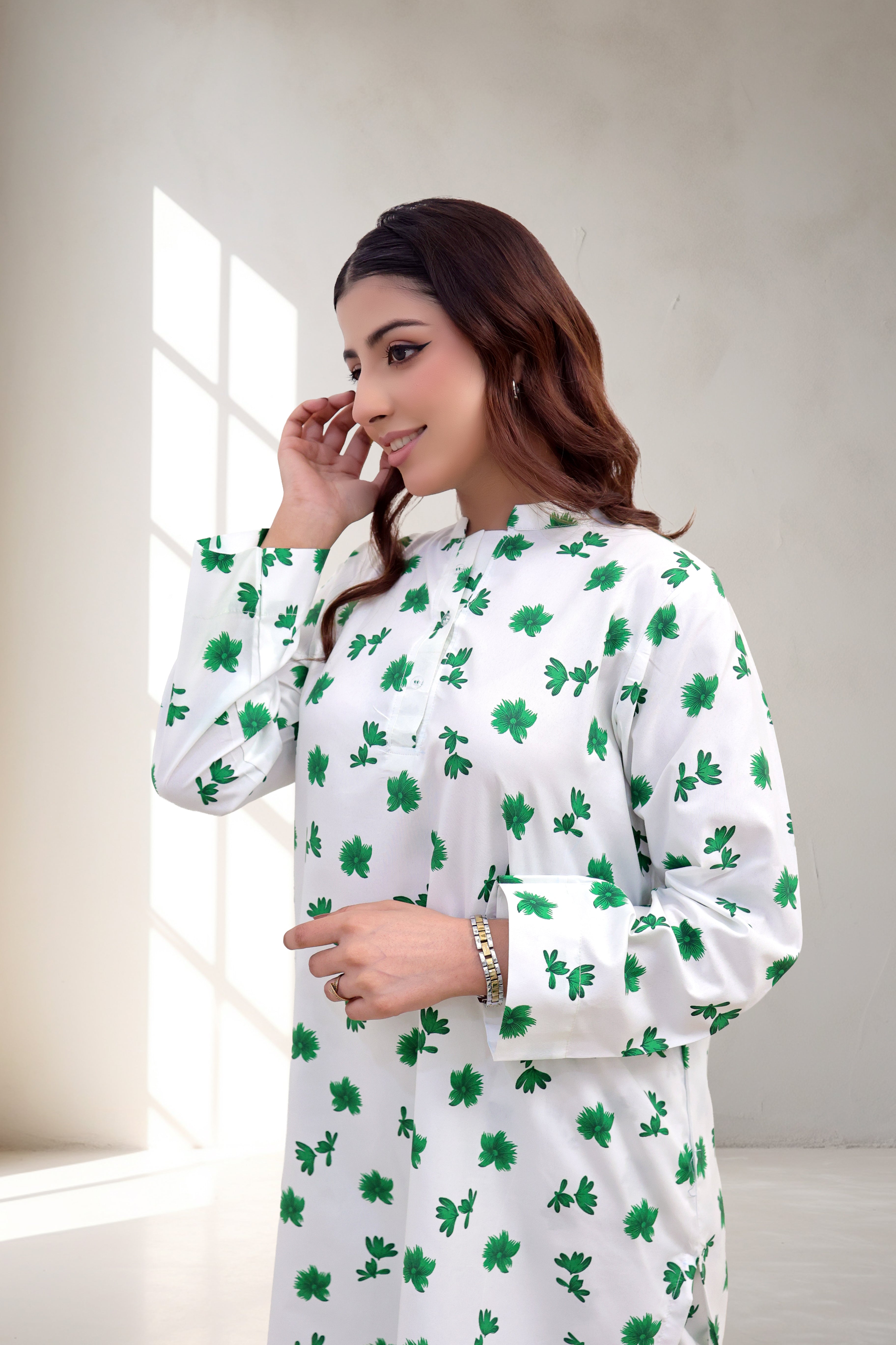 Emerald Leaf Printed Cotton Two-Piece Suit