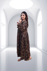 Midnight Amber Botanical Print Maxi Dress