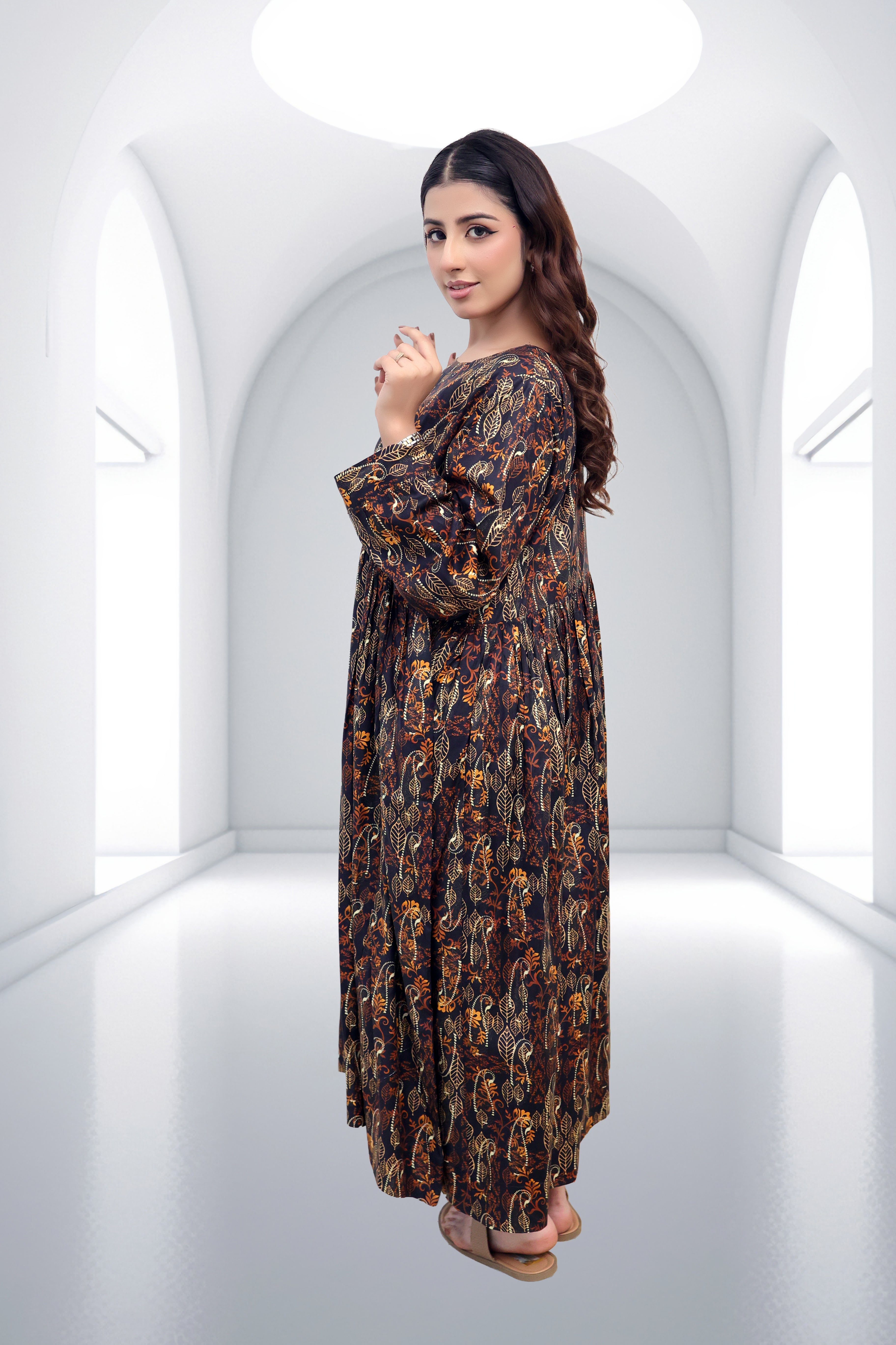 Midnight Amber Botanical Print Maxi Dress