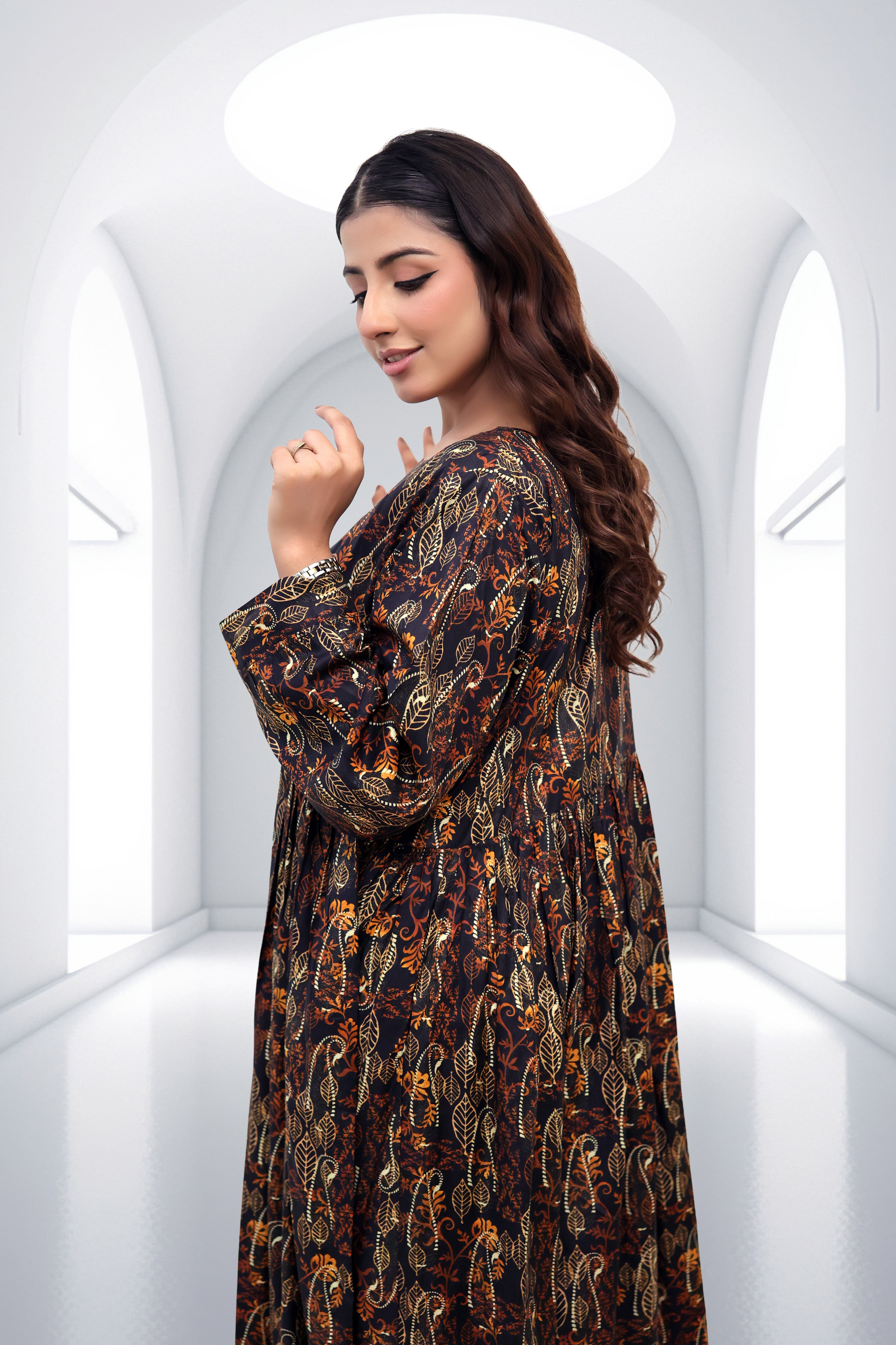 Midnight Amber Botanical Print Maxi Dress