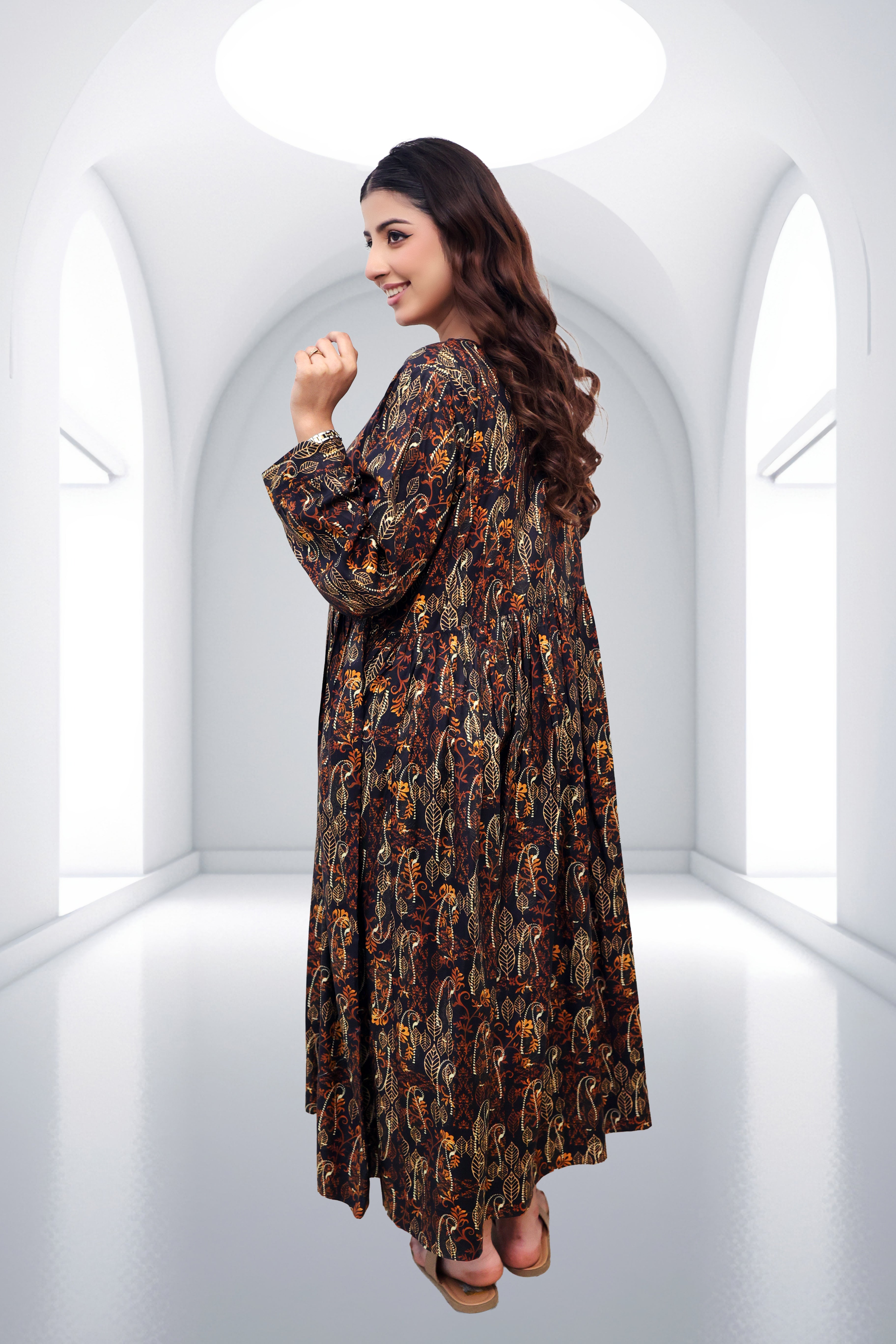 Midnight Amber Botanical Print Maxi Dress