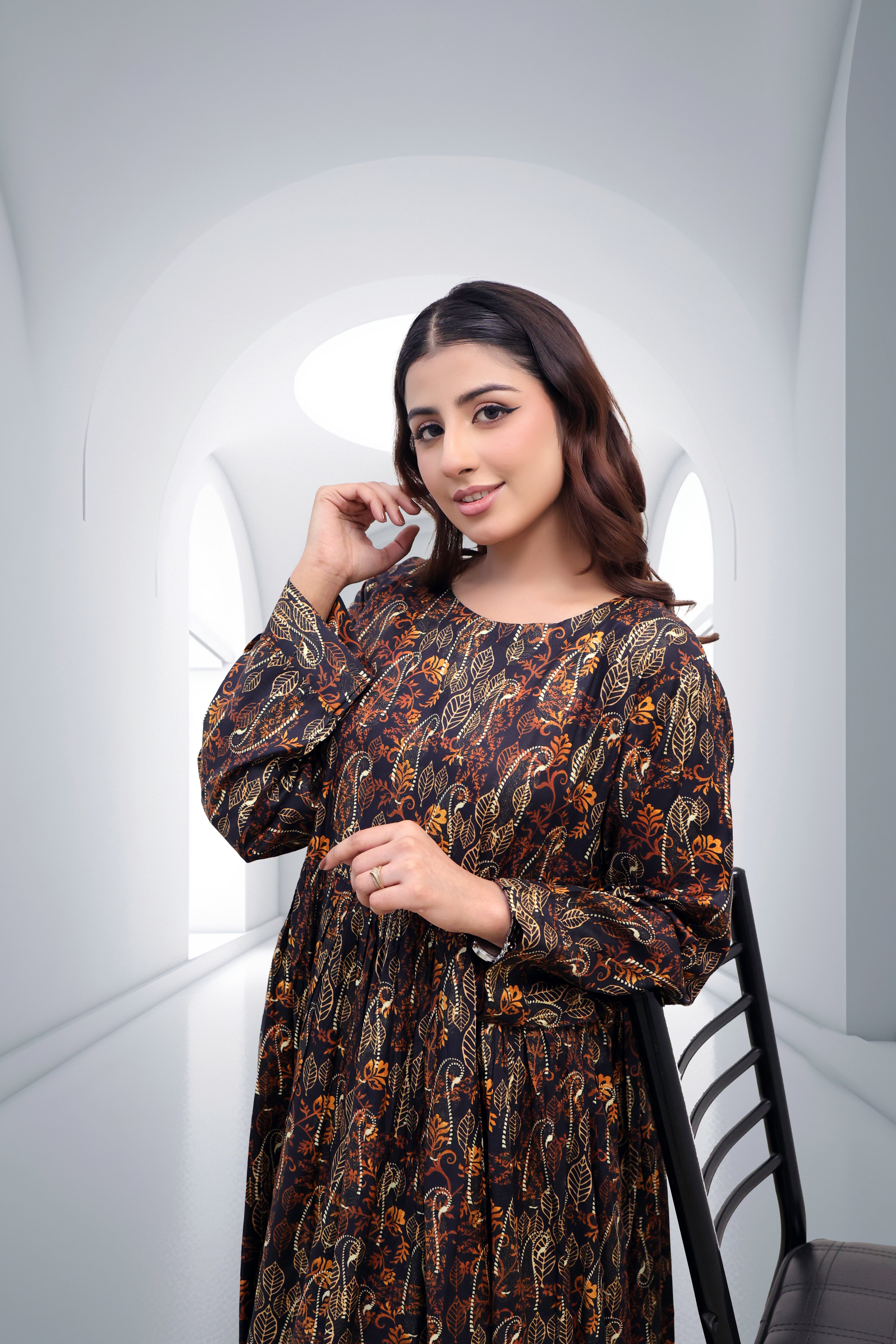 Midnight Amber Botanical Print Maxi Dress