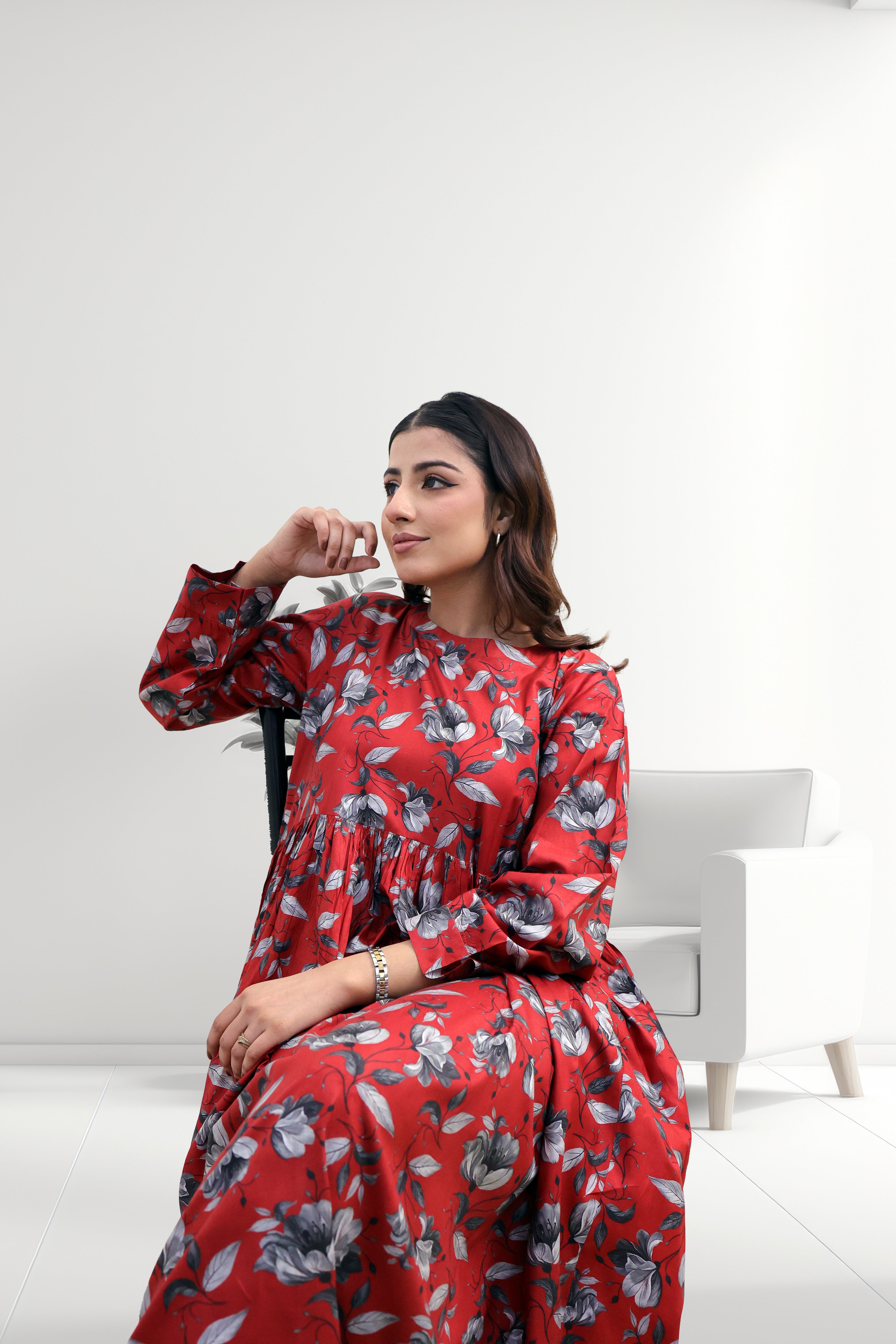 Red Floral Pleated Midi Dress with Modest Flare