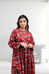 Red Floral Pleated Midi Dress with Modest Flare