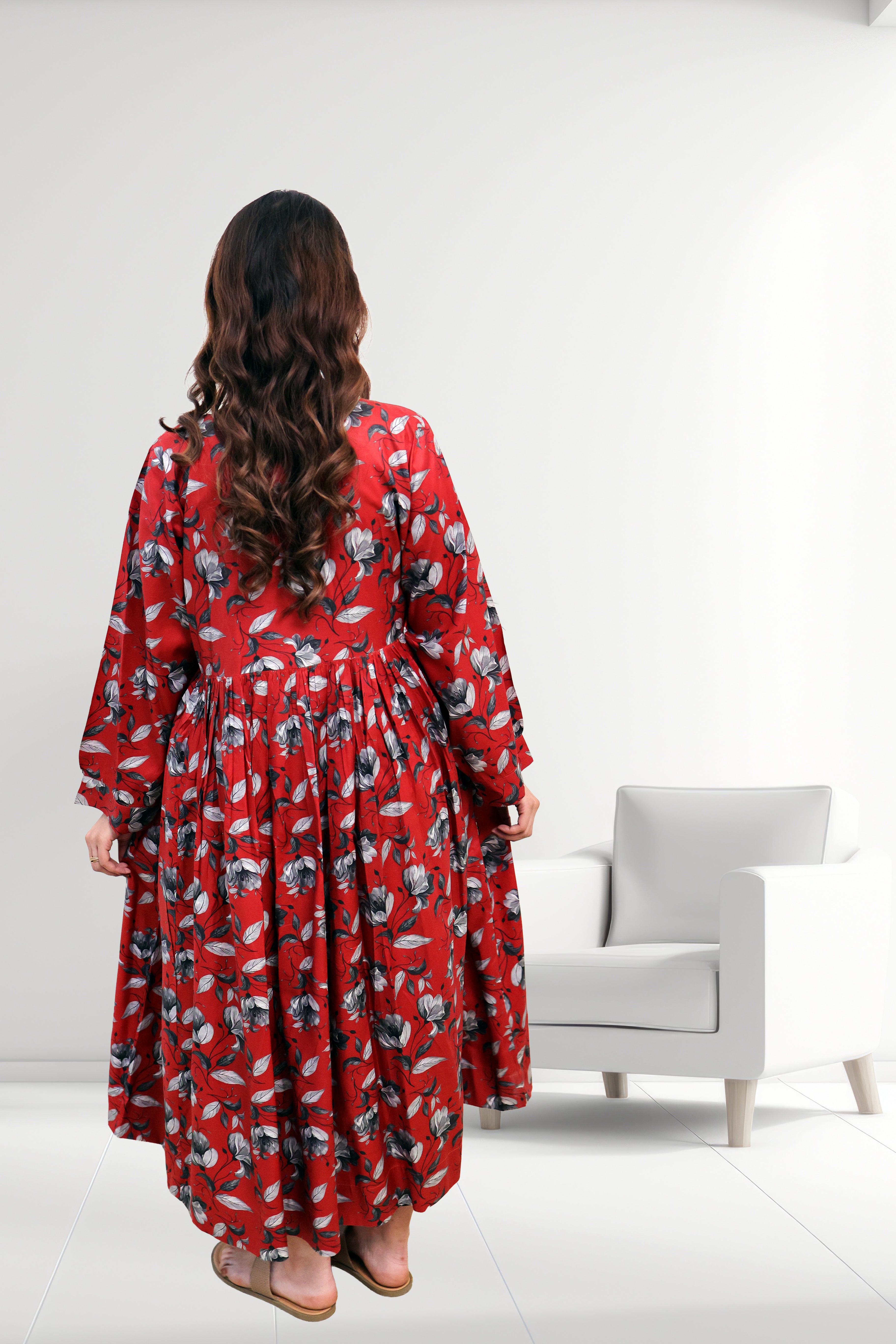 Red Floral Pleated Midi Dress with Modest Flare