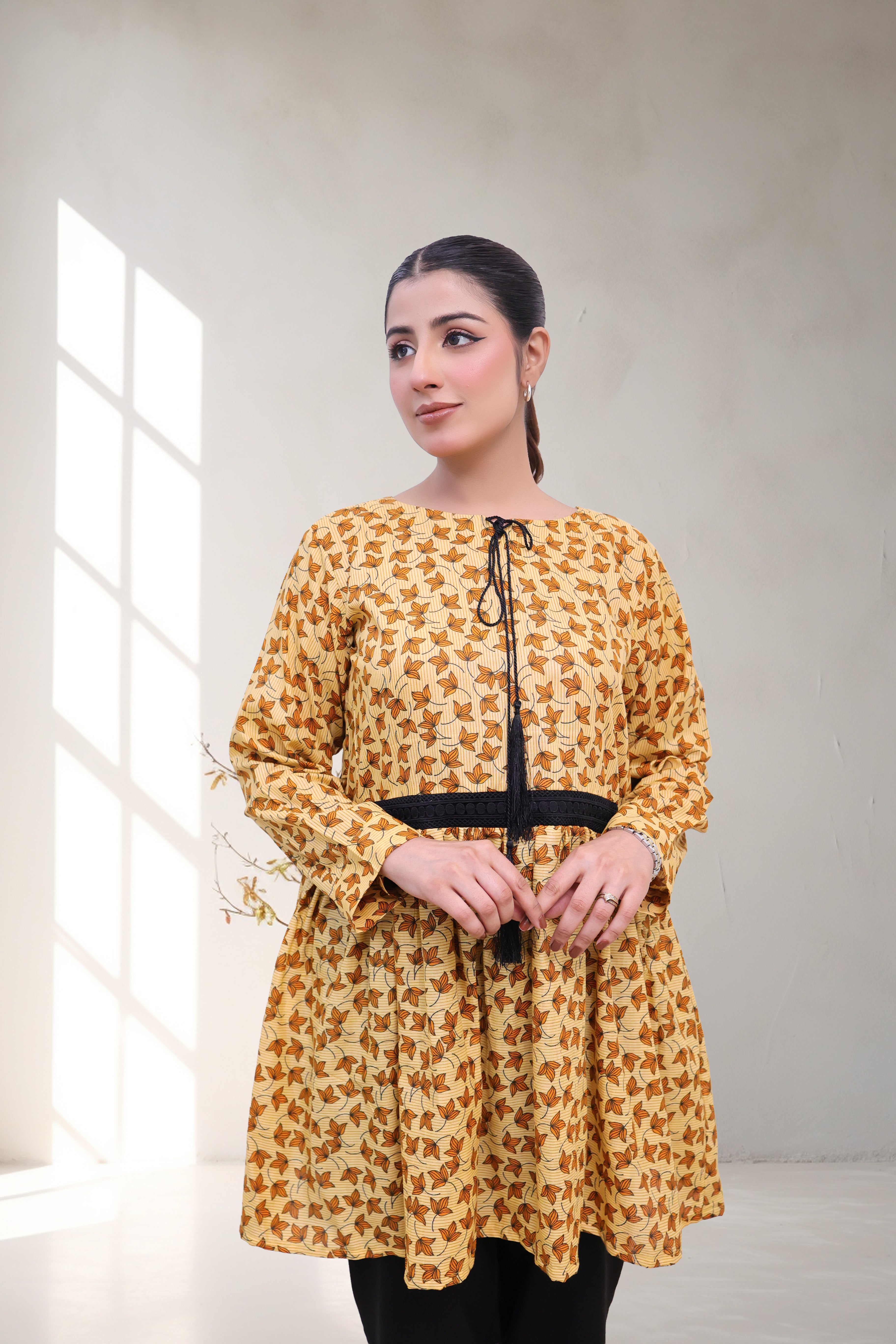 Mustard Yellow Floral Tunic with Black Lace