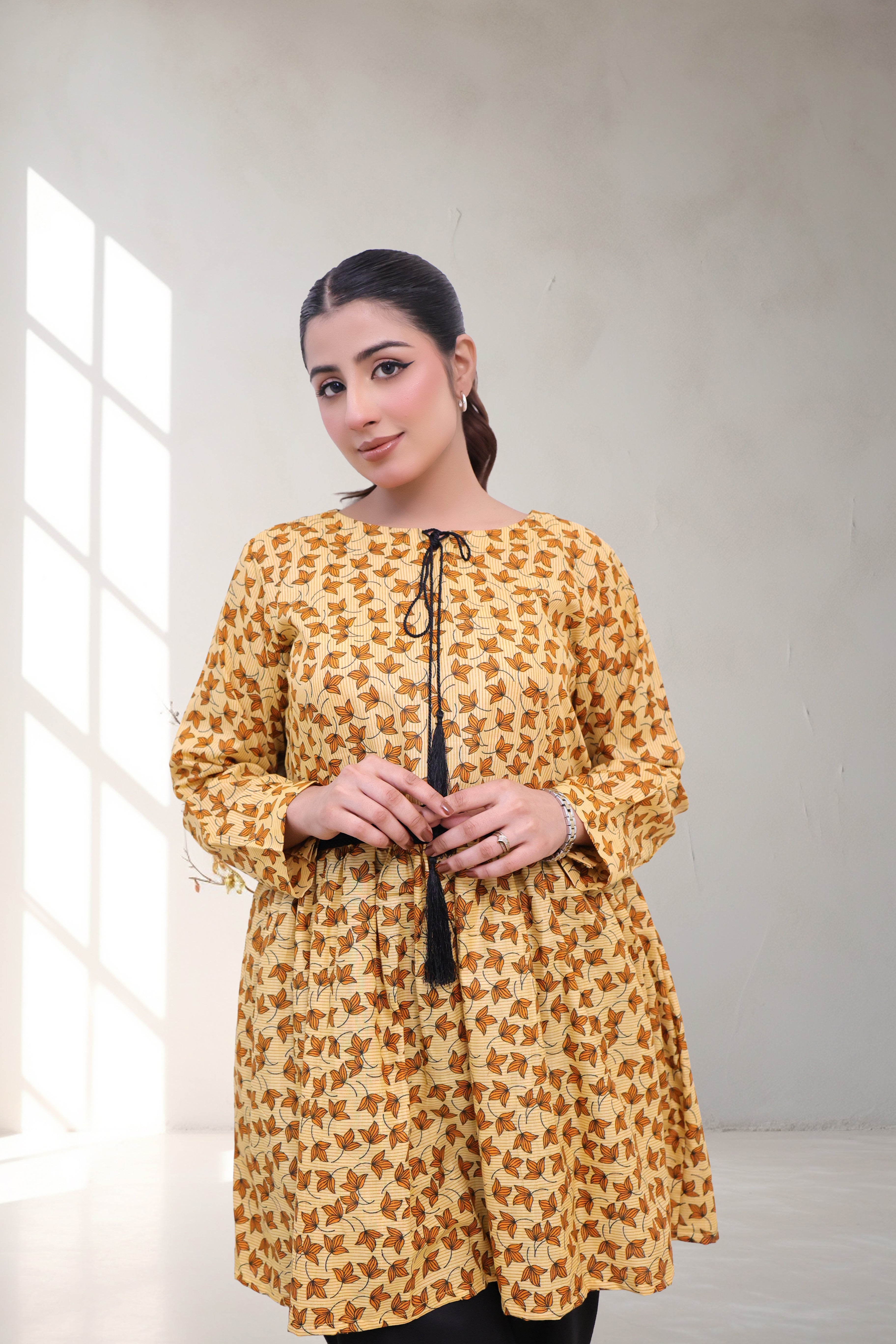 Mustard Yellow Floral Tunic with Black Lace