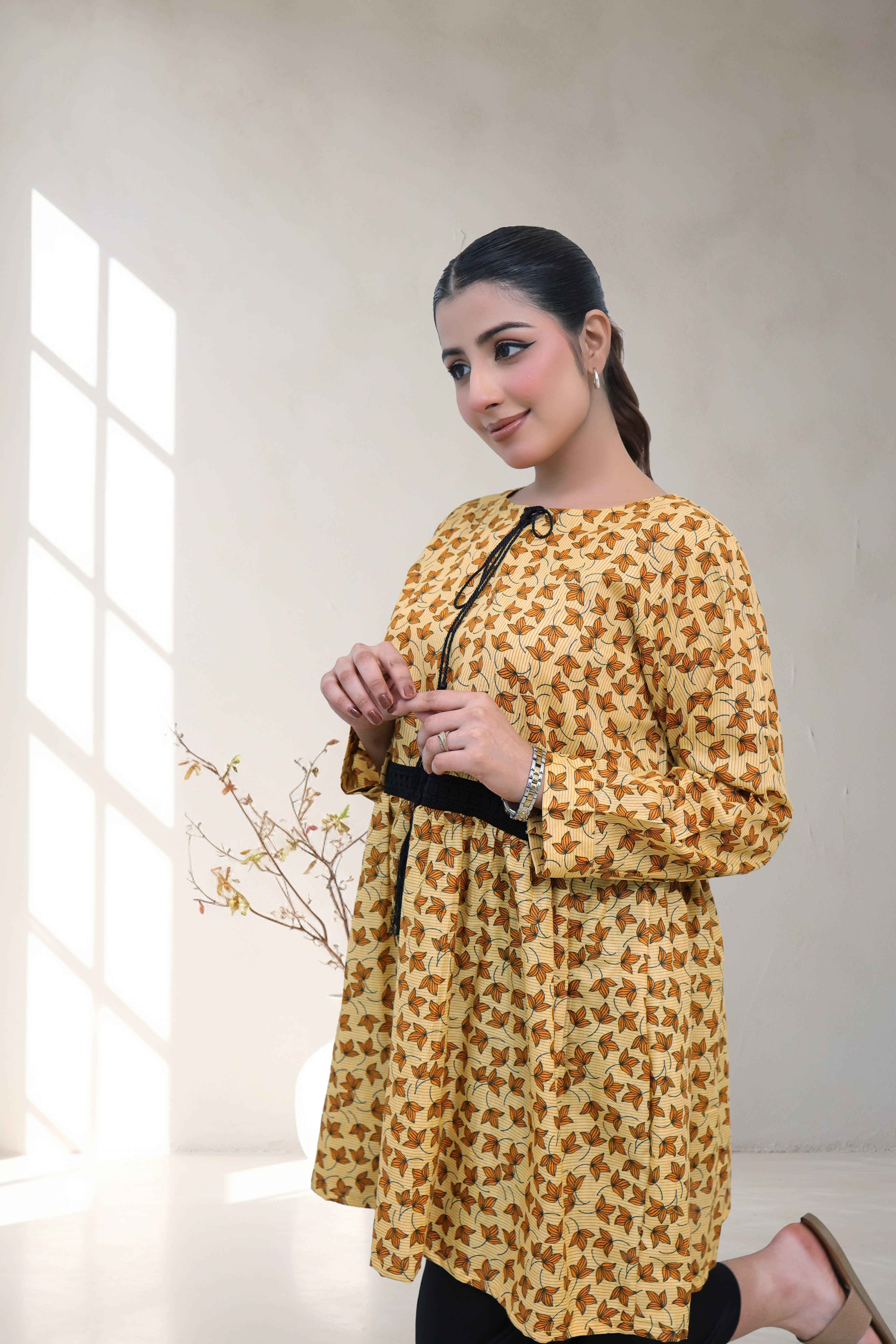 Mustard Yellow Floral Tunic with Black Lace